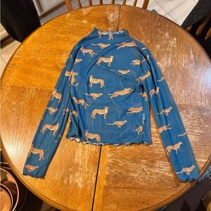 Sheer Blue Long Sleeve Top with Leopard Print